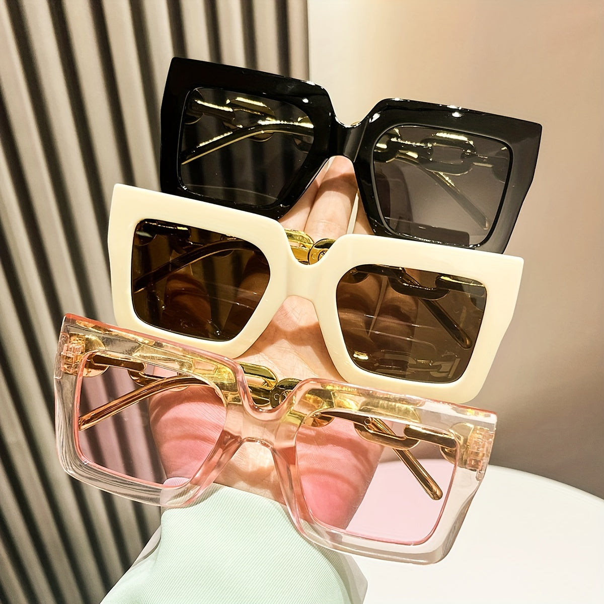 Women's Square Large Frame Glasses with Metal Chain Multicolor