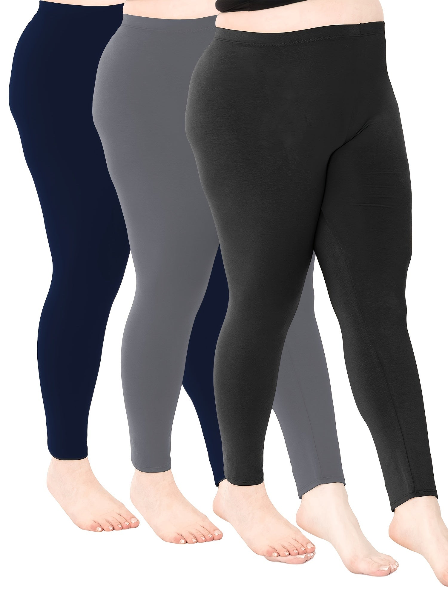 Plus Size Women's Solid Skinny Leggings Casual Stretchy Pants 3 Pack