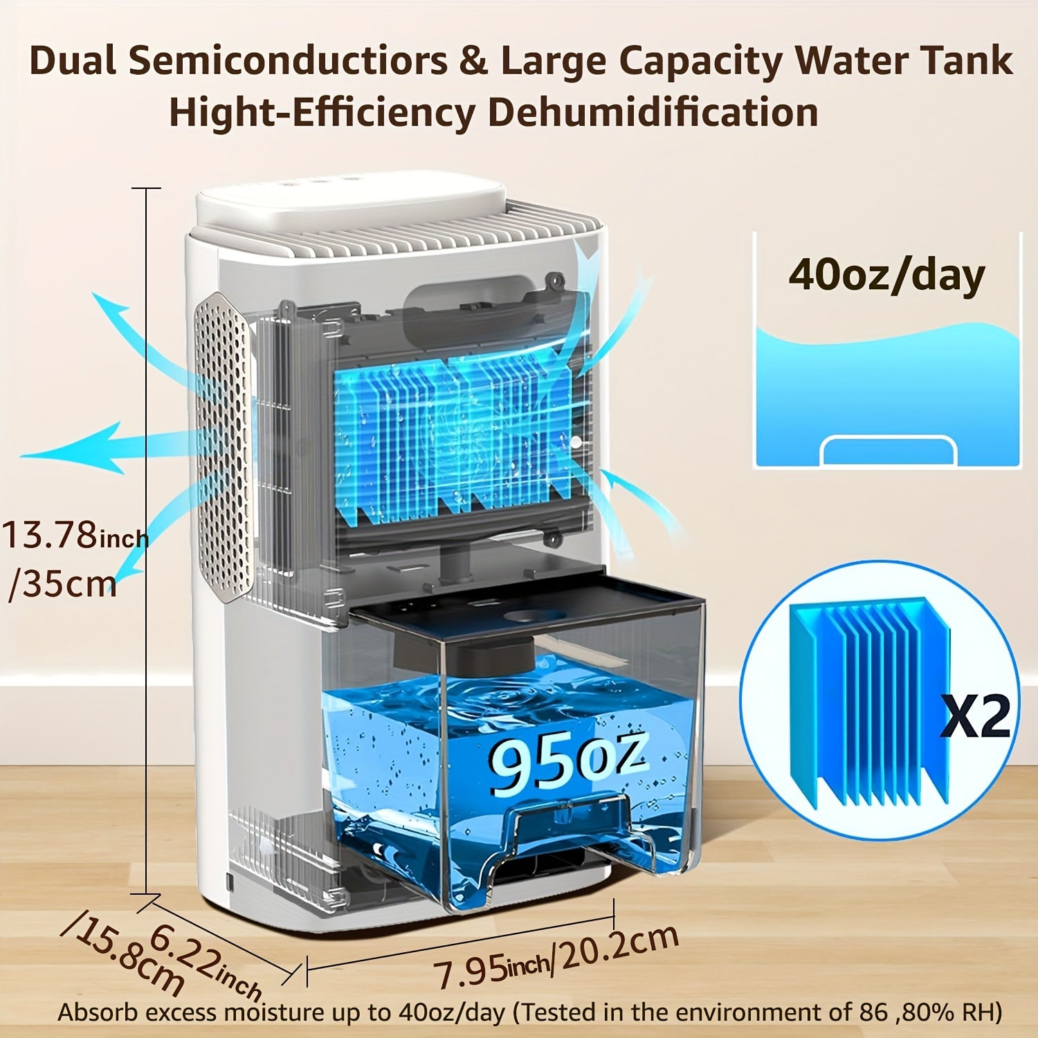 Water Tank Dehumidifier for Home 95oz, 950 sq ft, Sleep Mode, LED Light