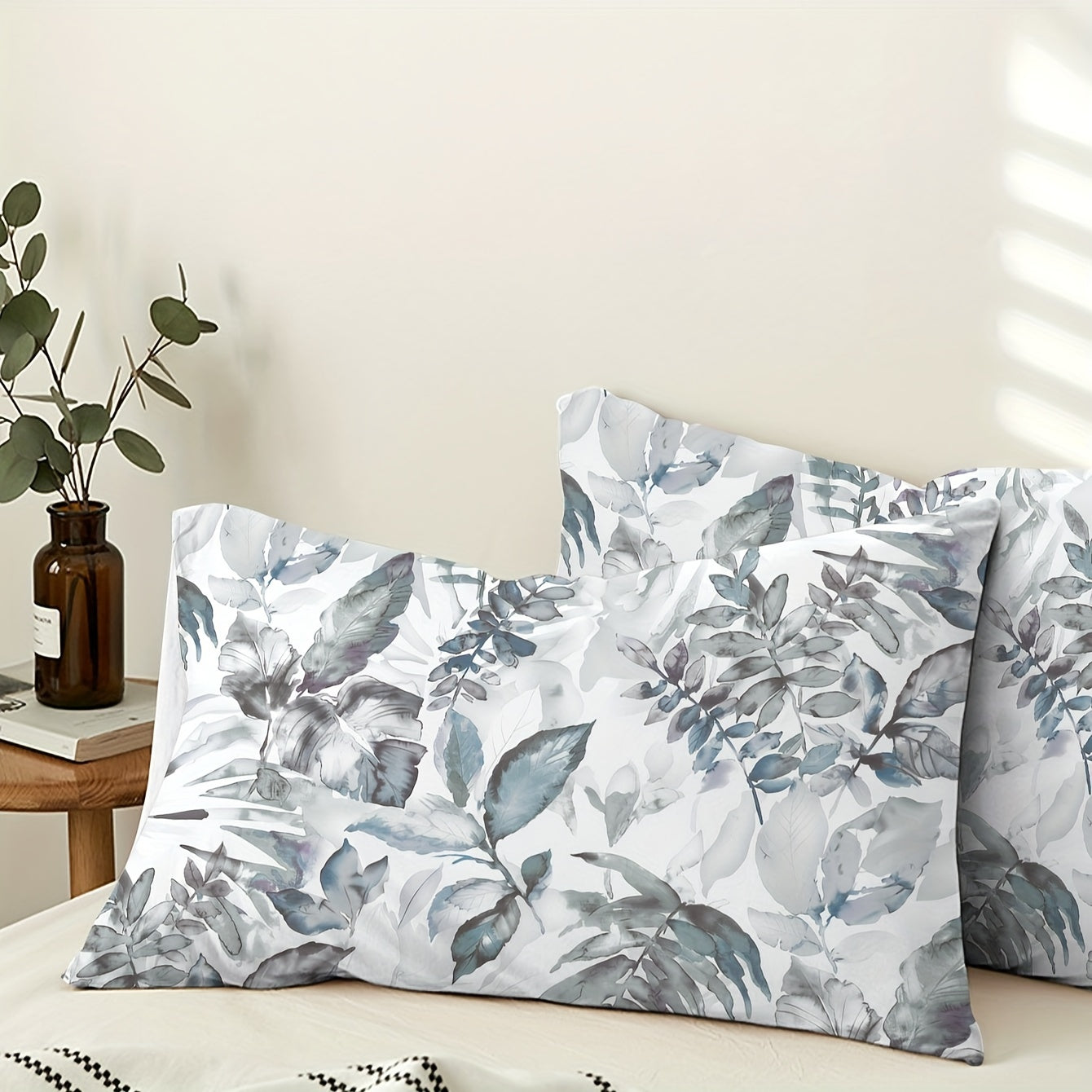 Leaf Pattern Brushed Printed Pillowcases Set of 2 Soft Breathable Home Decor