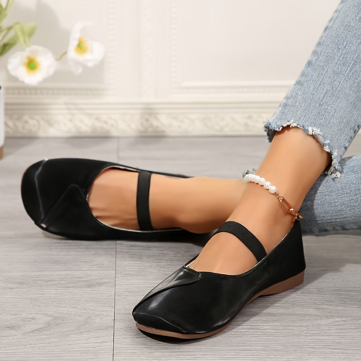 Zapatos planos negros tipo Mary Jane para mujer con suela de goma y punta redonda
