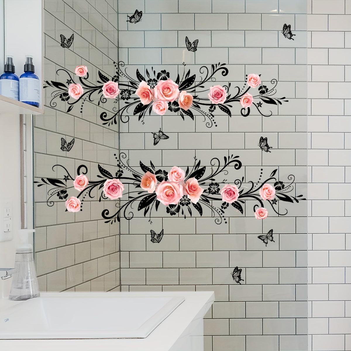 Pink Rose and Black Butterfly Wall Stickers for Home Decor Reusable PVC