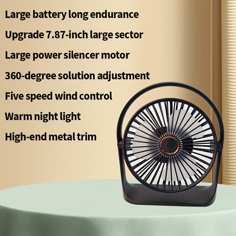 USB zaryadlash bilan portativ stol ventilyatori - turli xil va sozlanadigan 5 tezlik rejimlari, uy, ofis, yotoqxona, oshxona va o'qish uchun qulay havo oqimi - mukammal portativ va qulay