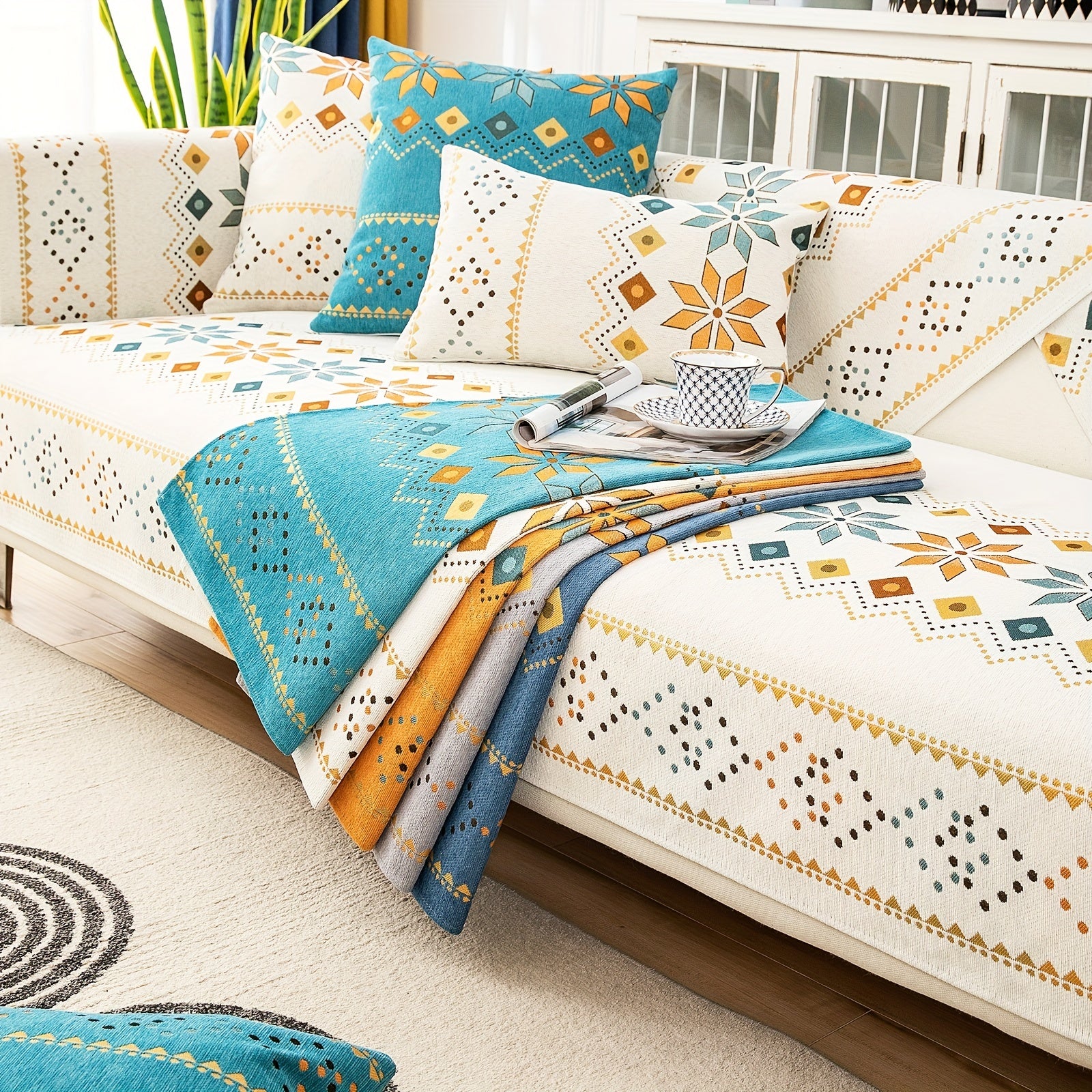 Bohemian Chenille Sofa Cover with Geometric Embroidery in Teal Orange Yellow Non-Slip Durable Fits All Sofa Sizes Machine Washable