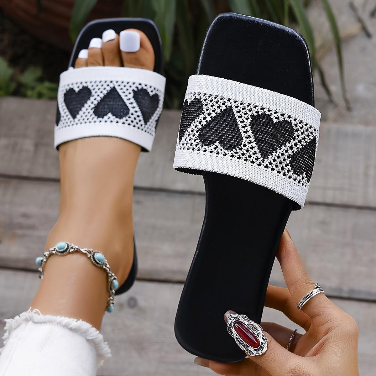 Women's Heart Decor Slide Sandals Casual Flat Summer Shoes