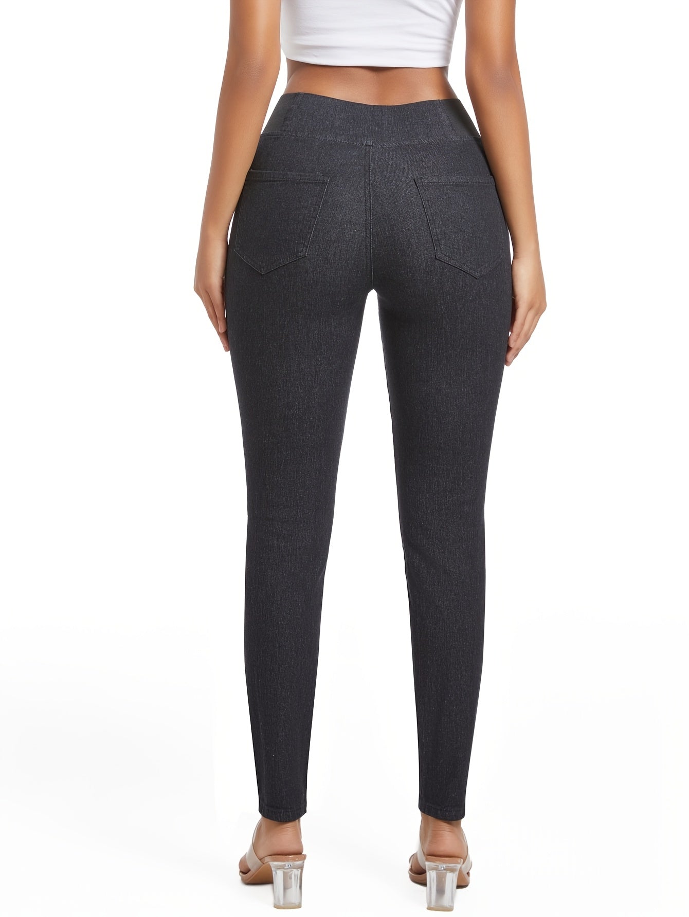 Ayollar uchun kengaytirilgan o'lchamli elastik denim jinsi, yuqori bo'yinli, tor fit, qora / qorong'i kulrang