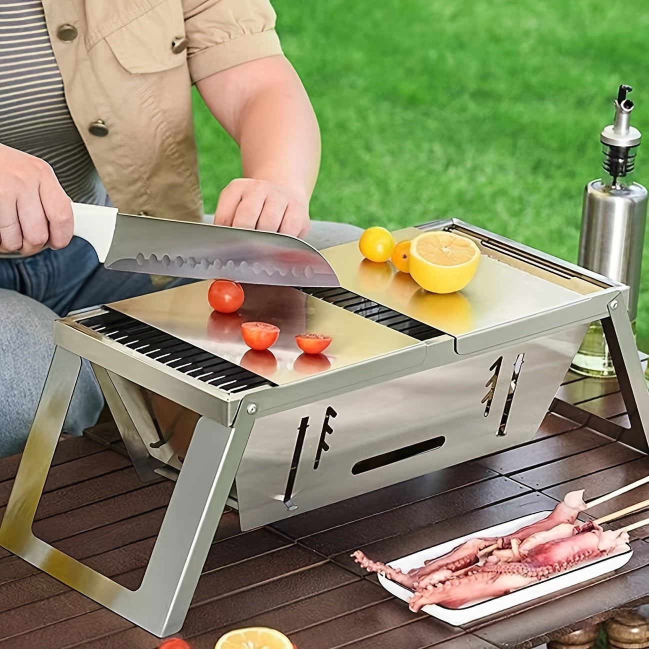 Stainless Steel Outdoor Charcoal Grill Set with Folding Skewer Stove for BBQ and Household Use