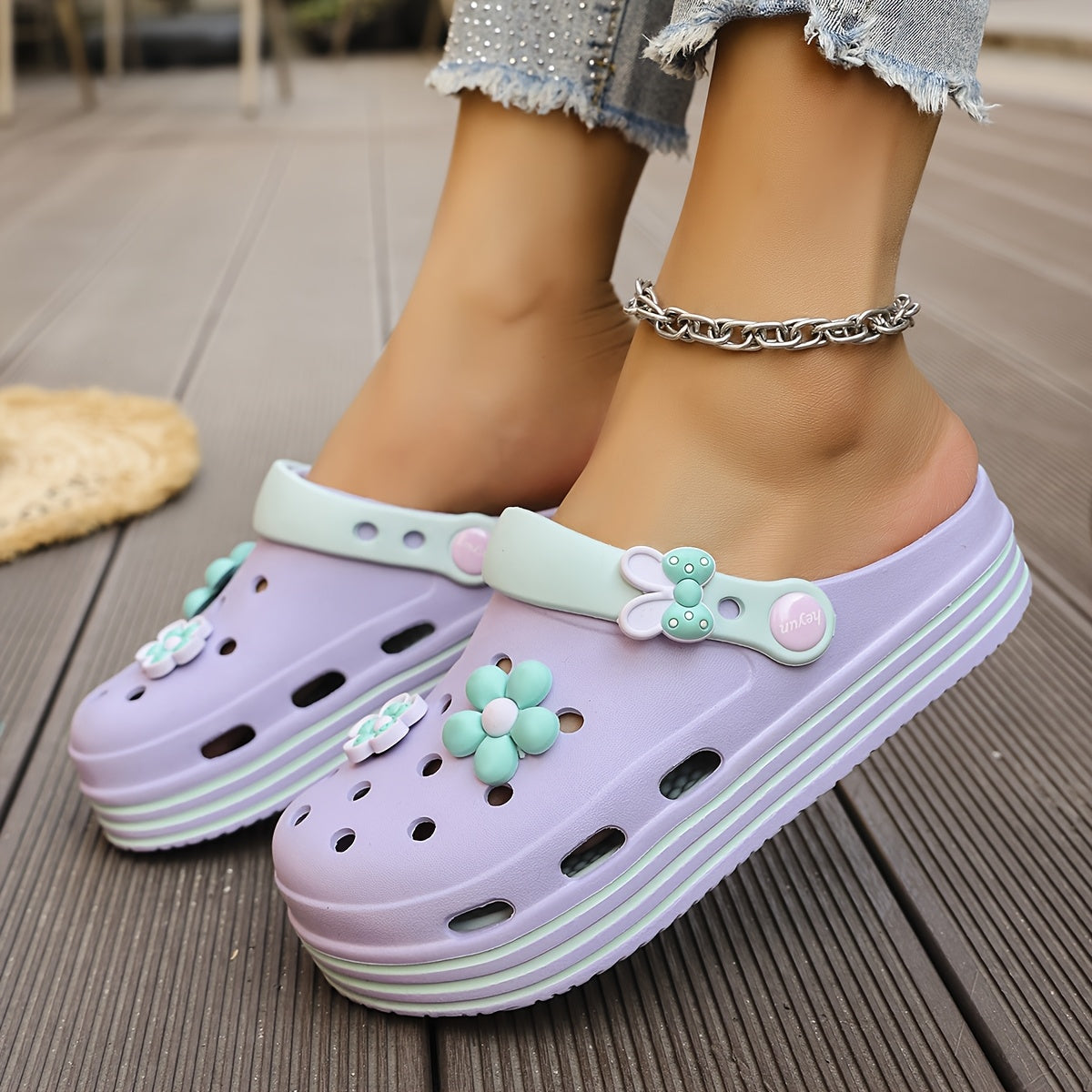 Women's Light Blue Floral Clogs with Thick Platform Breathable EVA