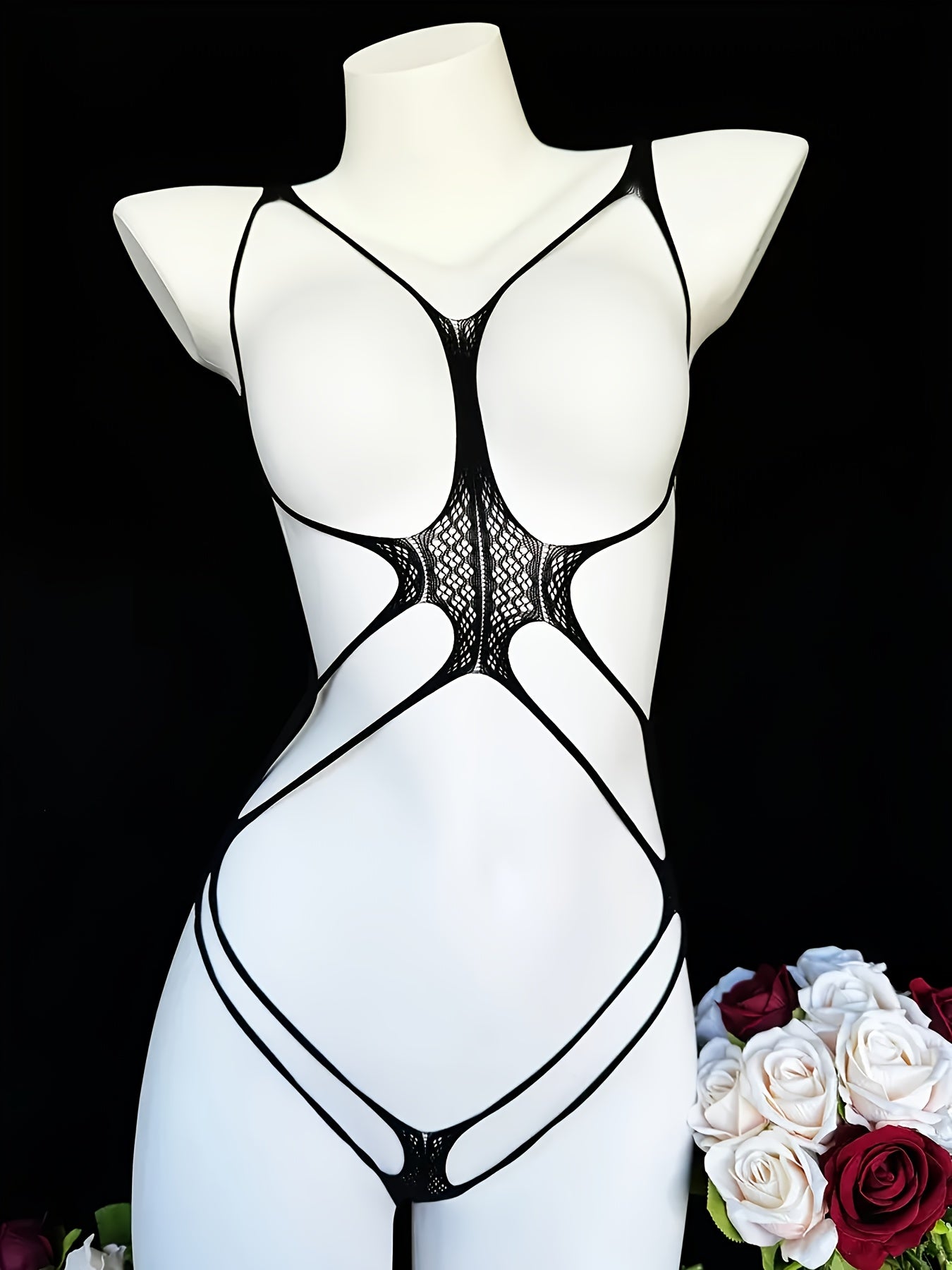 Plus Size Women's Jacquard Bodysuit High Stretch Hollow Knit Lingerie