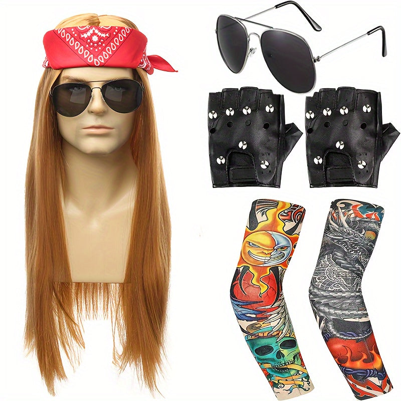 Punk Costume Wig with Straight Fiber Hair, Bandana, Glasses, Tattoo Sleeves