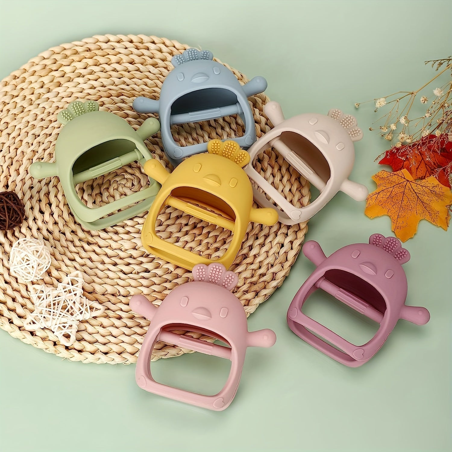 Yumshoq silikon tovuq shaklidagi tishlash mittenslari - 3 oydan oshgan bolalar uchun mos keladigan tushirishga qarshi chaynash o'yinchoqlari, turli ranglarda mavjud