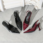 Women's Burgundy Patent Leather Pointed Toe Stiletto Heels for Formal Wear