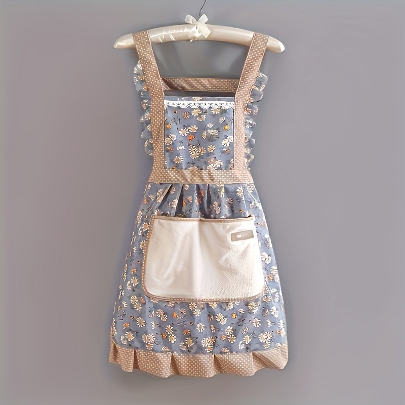 Floral Lace Princess Apron with Pocket for Kitchen and Bathroom Cleaning