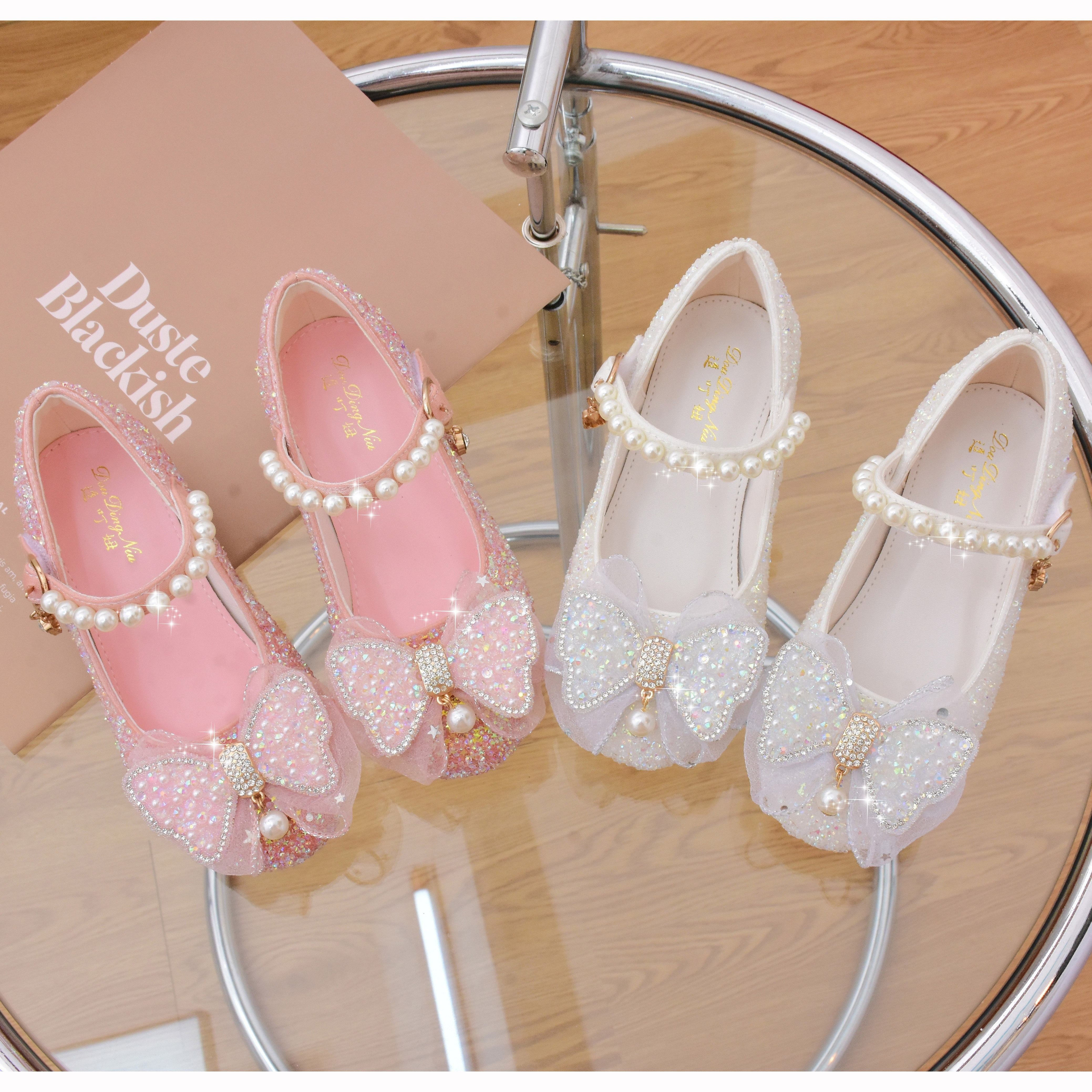Girls High Heel Shoes with Bowknot and Pearl Embellishments for Parties and Events
