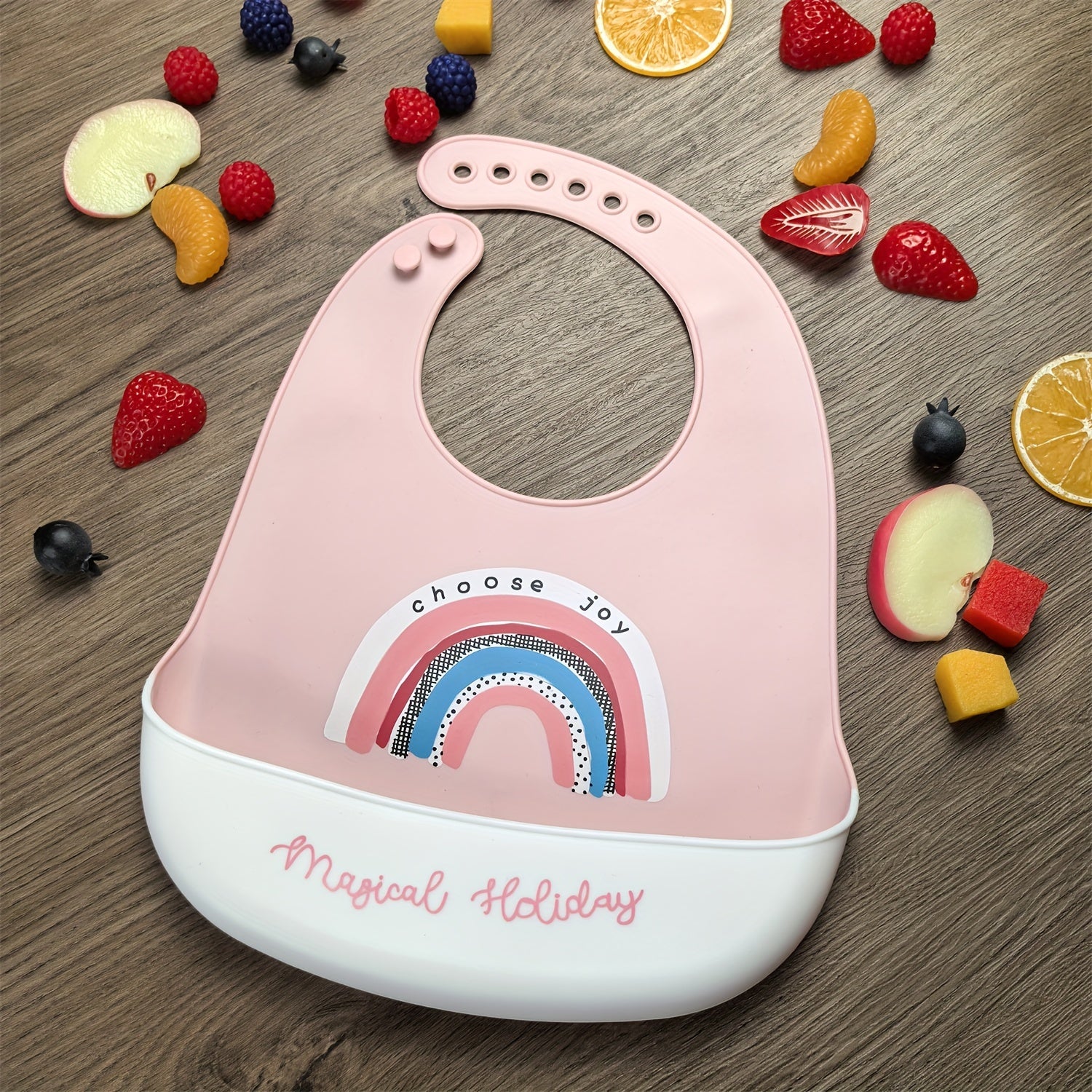 Silicone Kids Bib Pink Waterproof with Rainbow Crown Space Design for Boys Girls