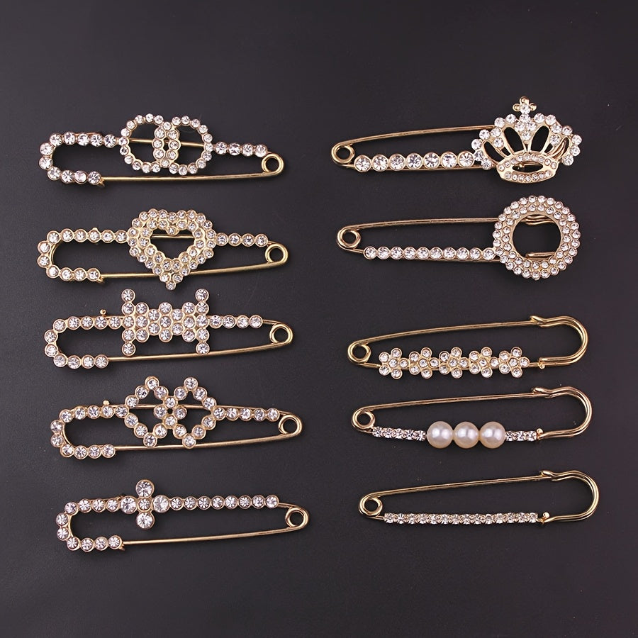 Set of 10 Elegant Faux Pearl and Rhinestone Brooches for Scarves and Cardigans