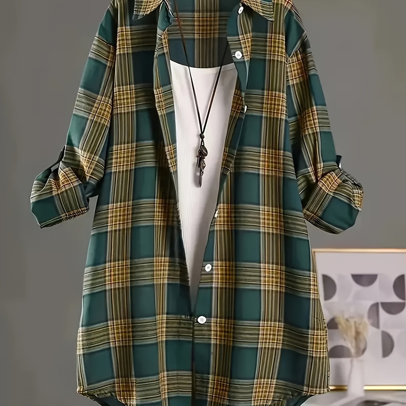 Plus Size Women's Plaid Shirt with Lapel Collar Long Sleeves Dipped Hem Spring Casual