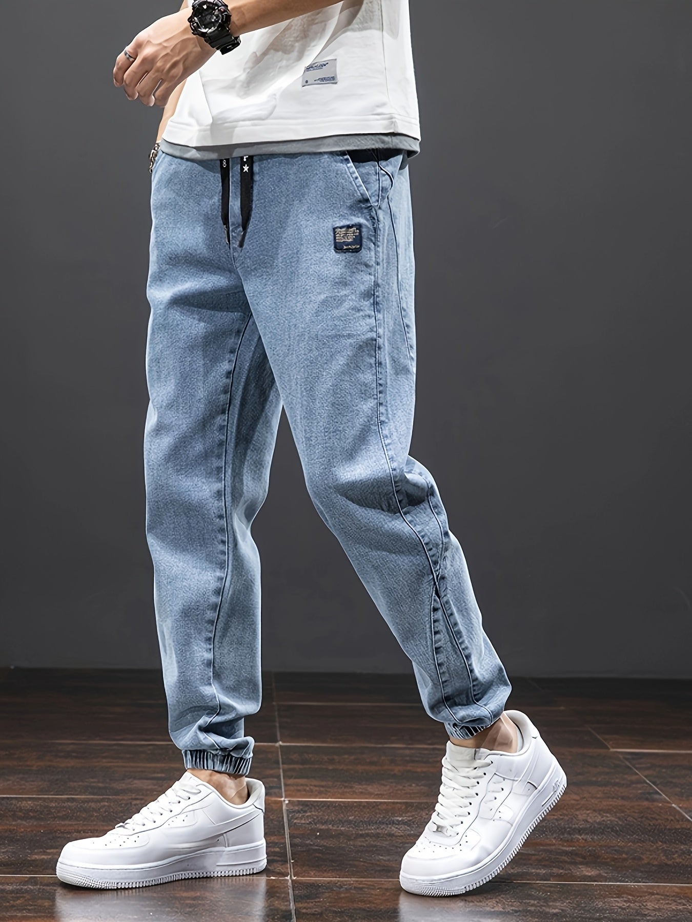 Men's Cropped Jeans with Elastic Waistband Solid Wash Denim Regular Fit All-Season