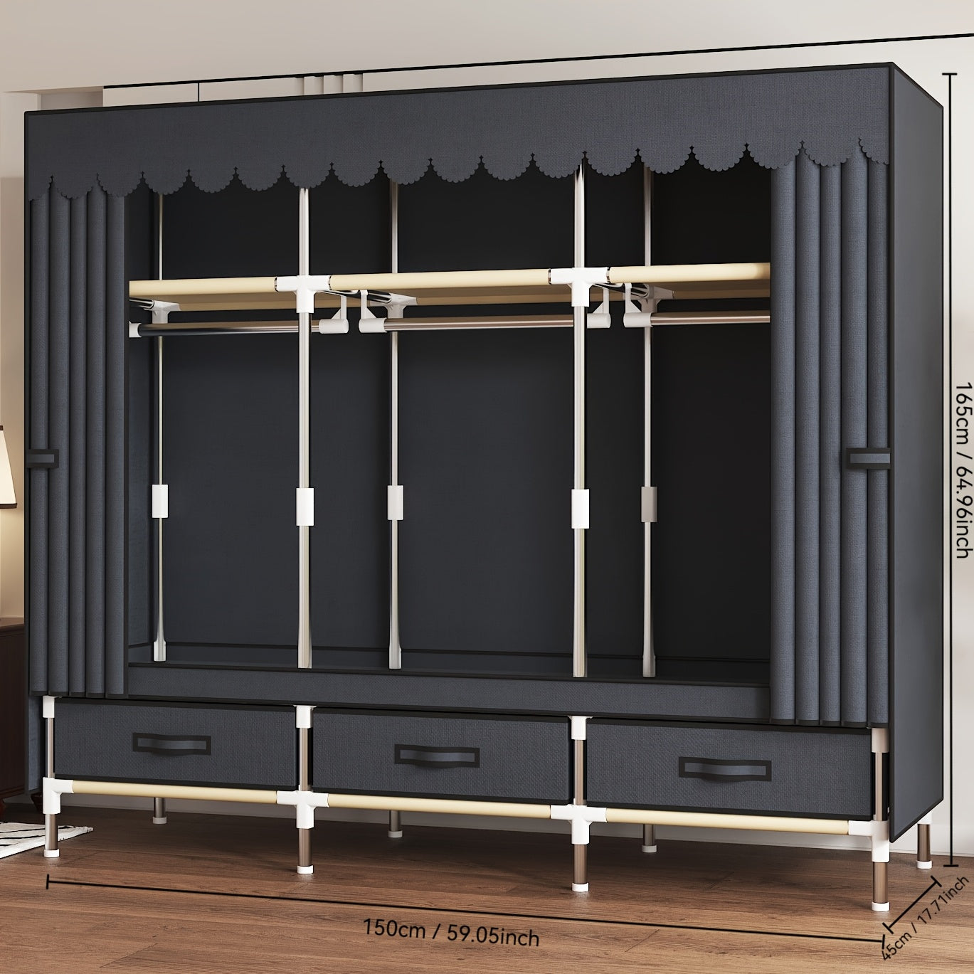 Organizador portátil para armario con 3 barras colgantes, 6 estantes, estructura de acero aleado