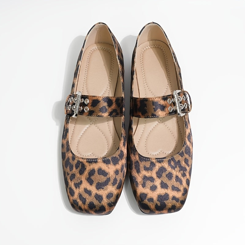 Women's Leopard Print Mary Jane Flats Square Toe Buckle Comfort Shoes
