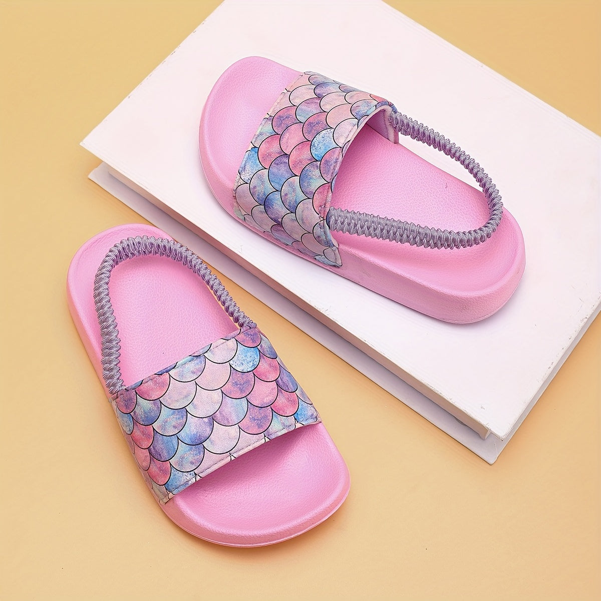 Colorful Fish Scale Print Open Toe Slippers for Boys and Girls All-Season Lightweight Non-Slip