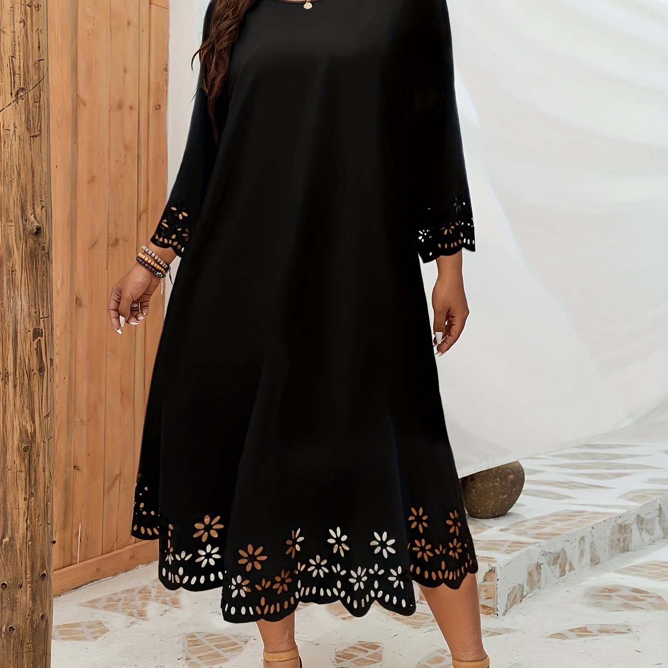 Midi Dress for Women with Laser-Cut Crew Neck Solid Color Stretch Polyester All Seasons