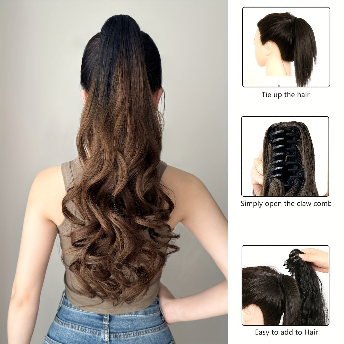 Unisex Deep Wave Claw Clip Ponytail Extension 71.12cm Synthetic Hairpiece for Daily Use