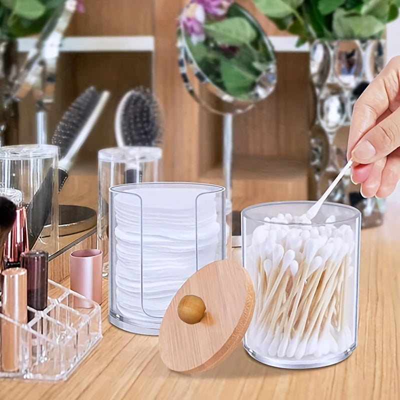 Bamboo Bathroom Storage Organizer with Dust-Proof Cotton Pad Holder