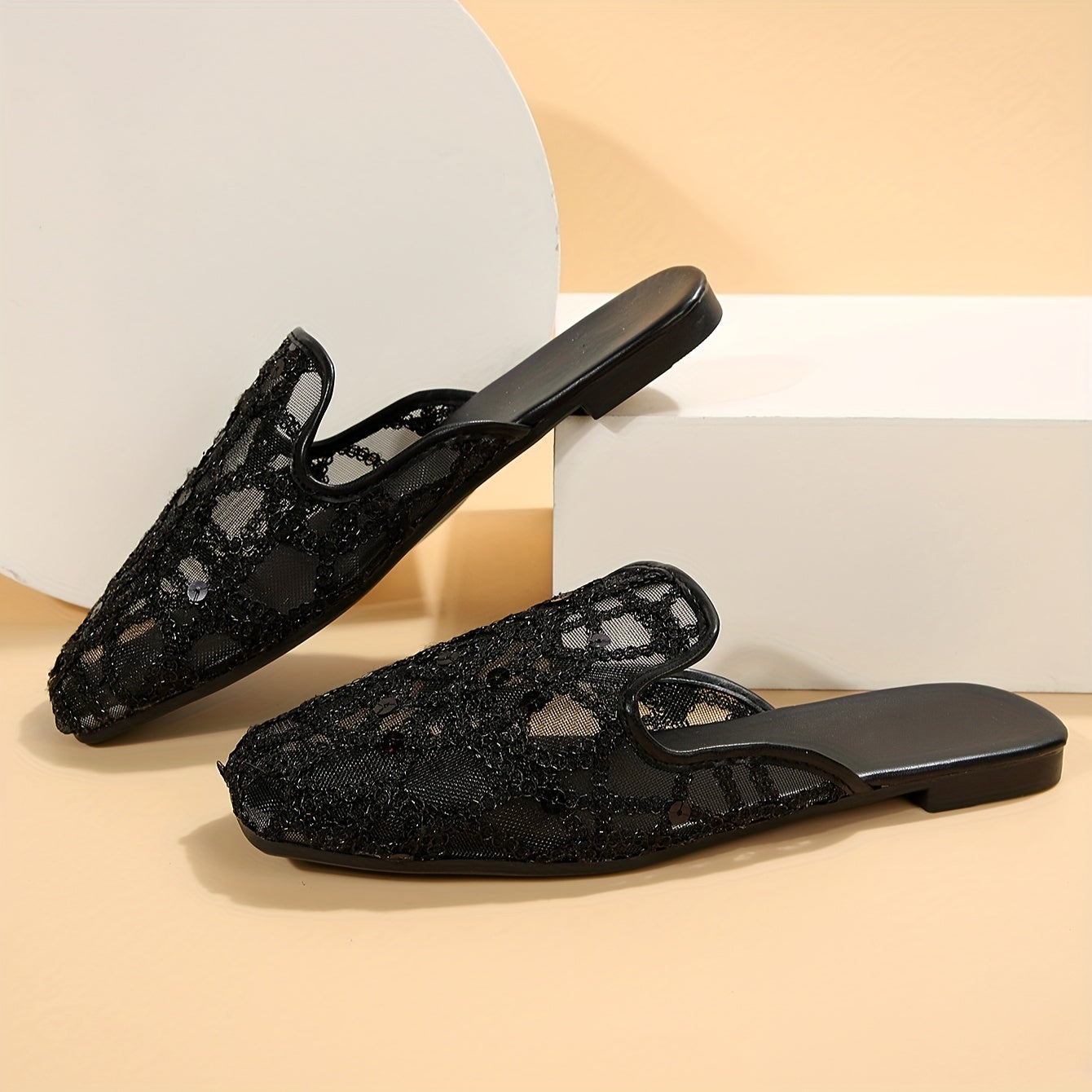 Women's Flat Mules with Sequins Square Toe Mesh Slip-On Summer Shoes