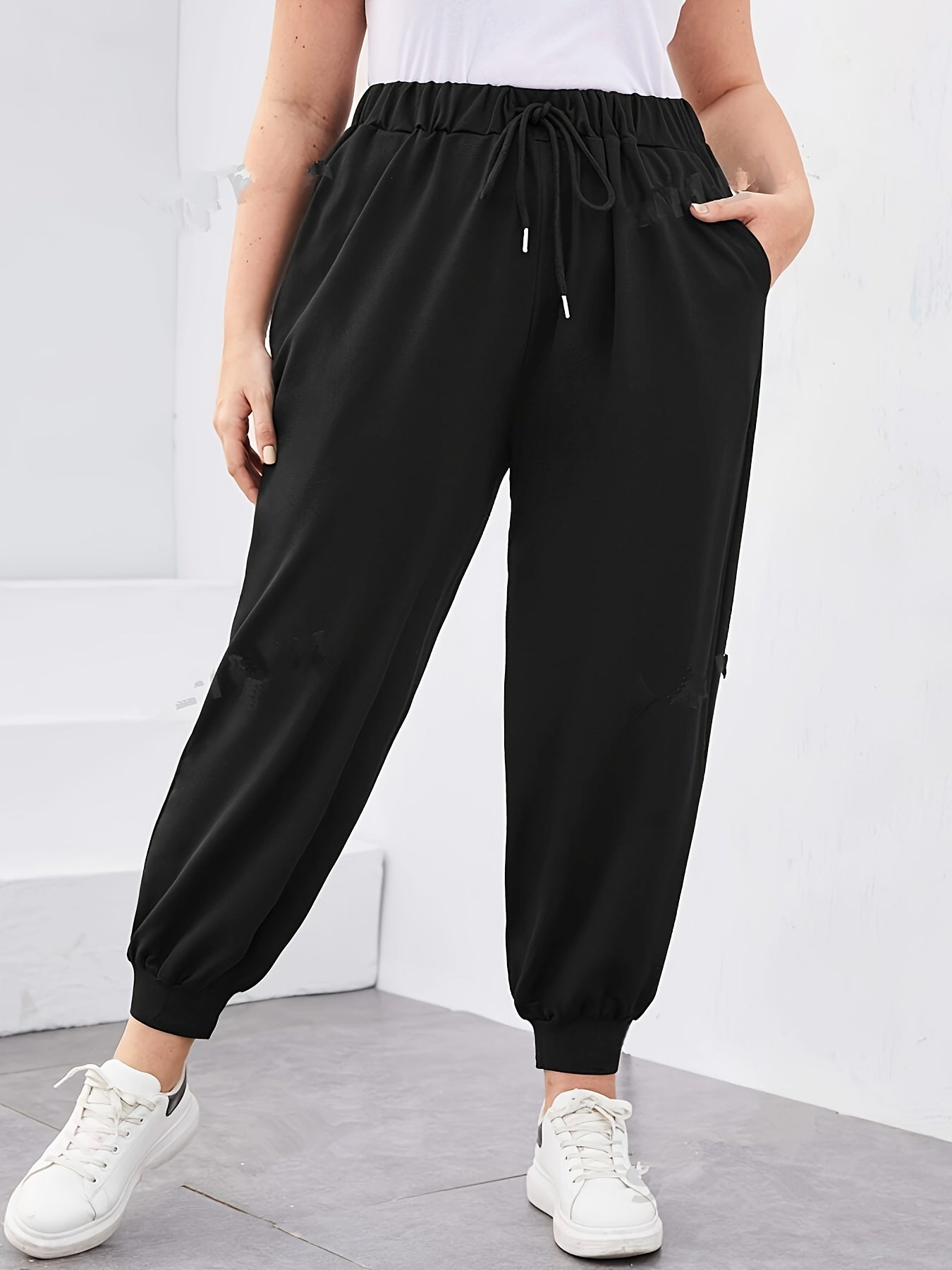 Women's Plus Size Wide Leg Casual Pants Elastic Waist Black Lounge Trousers