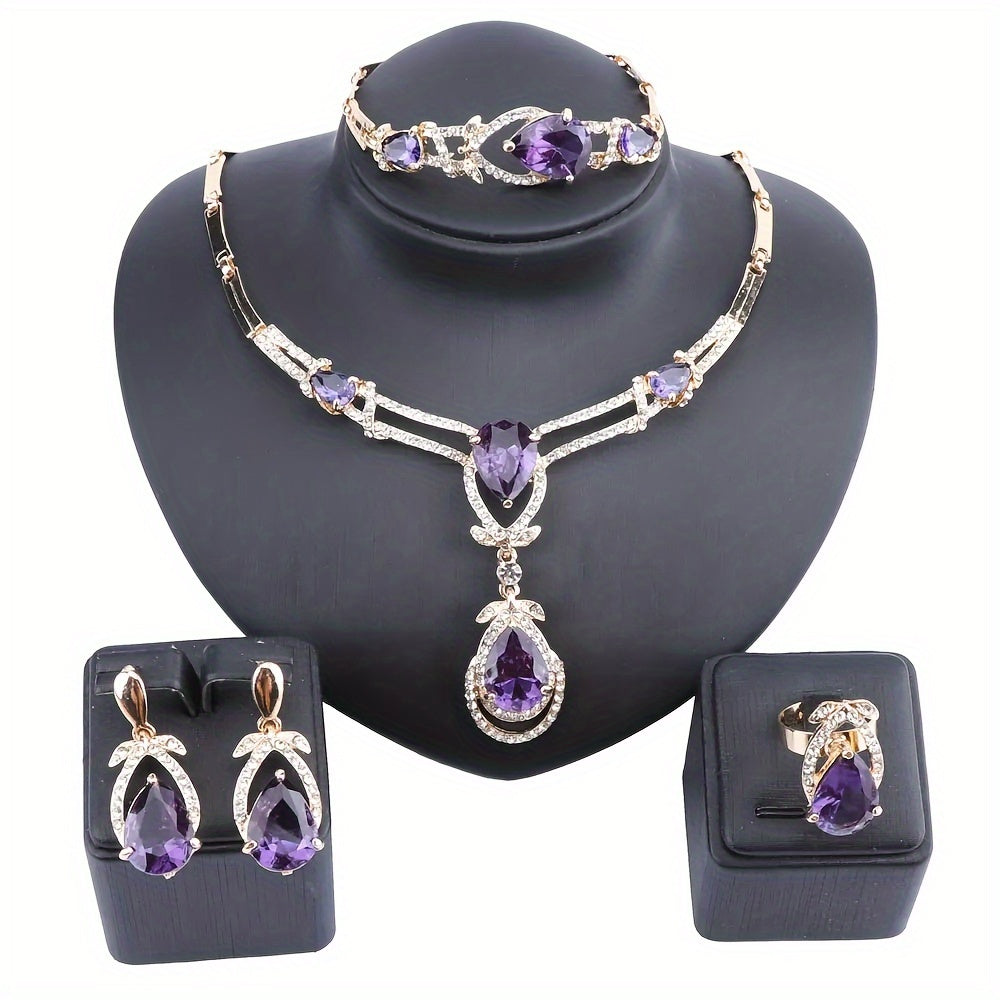 Women's Purple Gold Synthetic Zircon Jewelry Set Necklace Bracelet Earrings Ring for Parties Bridal