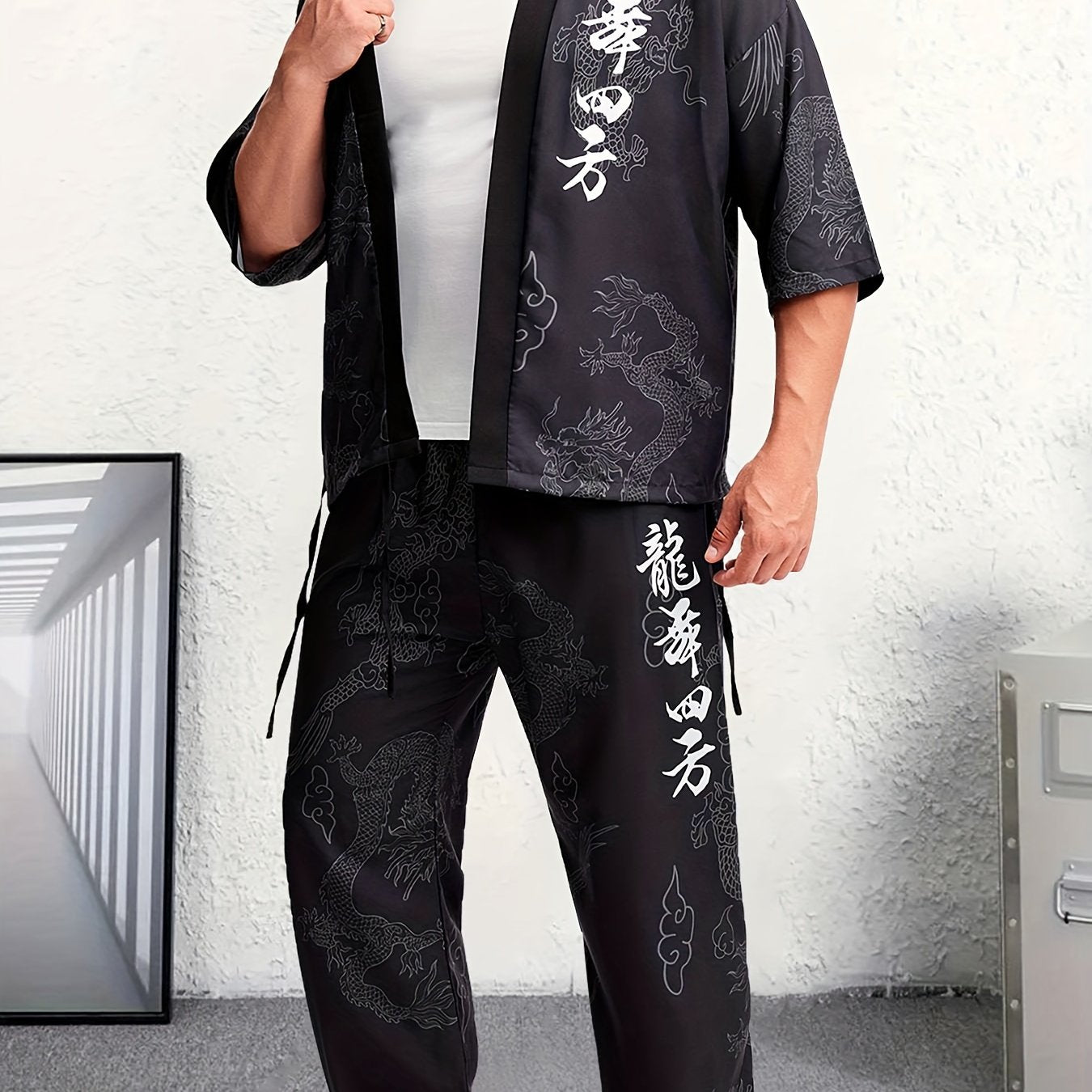 Men's Dragon Print Kimono Robe Set Casual Polyester Loungewear with Matching Pants for Spring Autumn