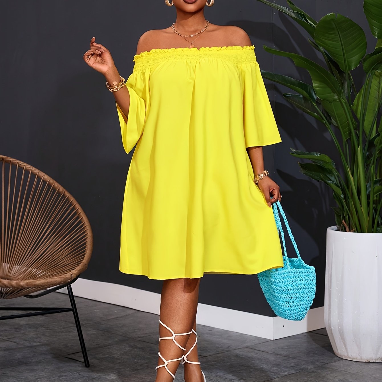 Plus Size Womens Off Shoulder Flared Hem Party Dress Yellow Casual Summer