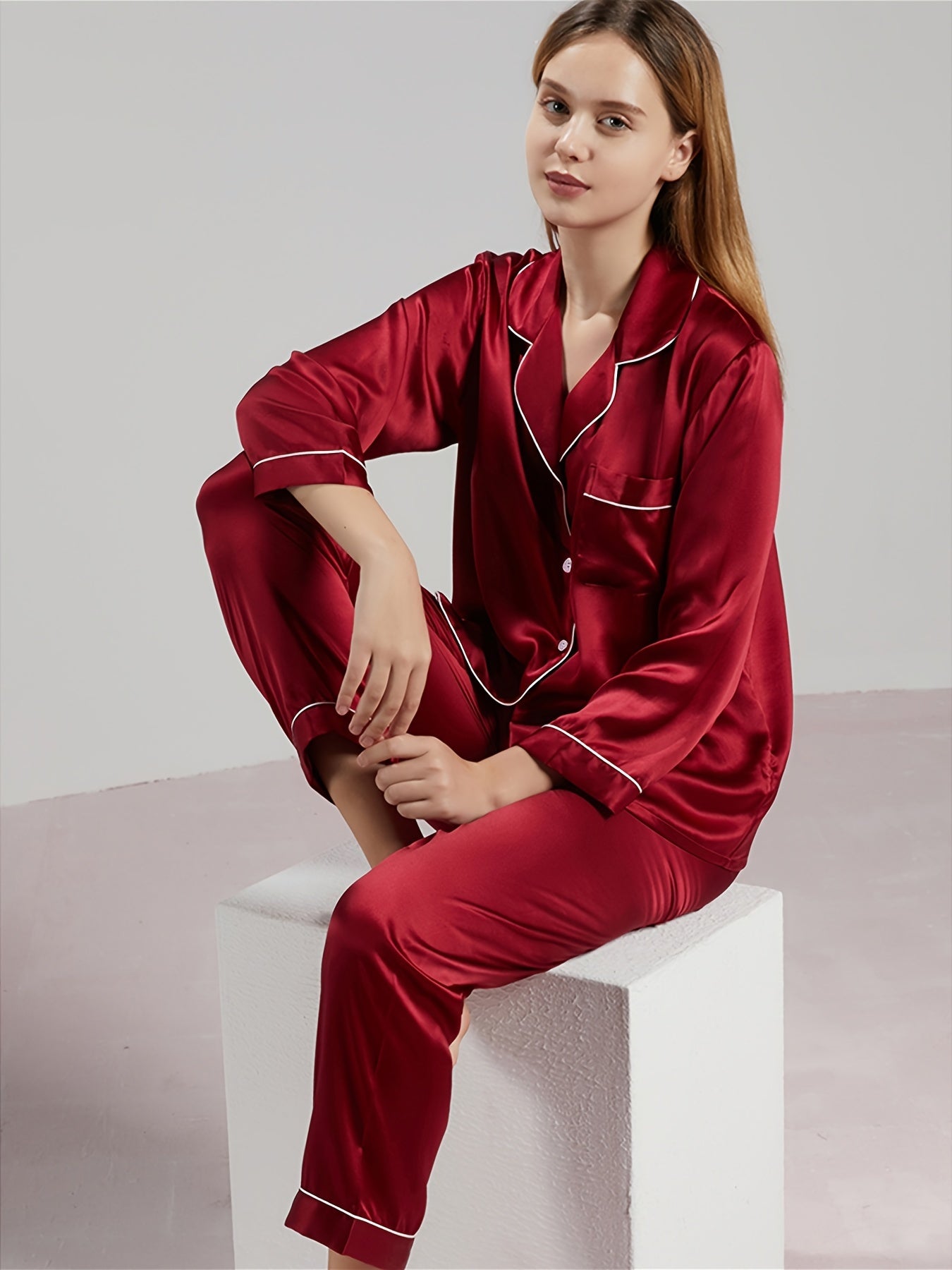 Women's Cotton Pajama Set with Lapel Collar and Solid Color Lounge Wear for Valentine's Day
