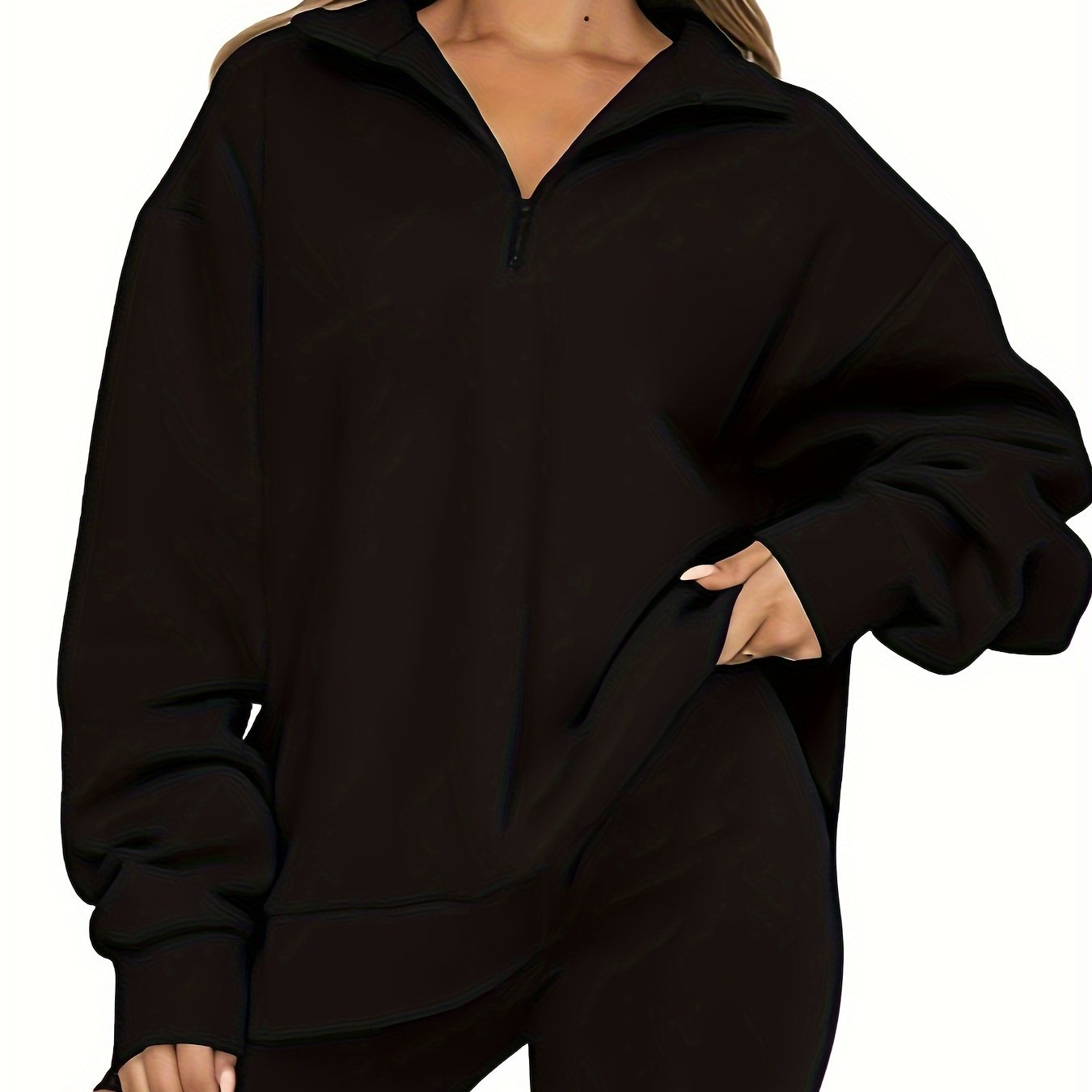 Ayollar uchun yarim-zip pullover svitshot uzun qolli ko'k polyester aralashmasi