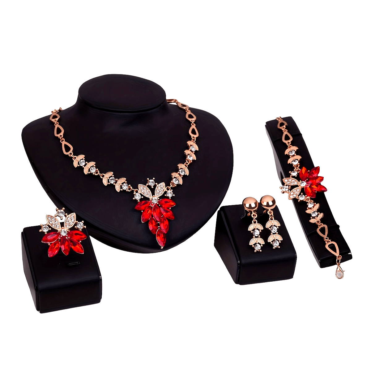 Jewelry Set with Flower Design Earrings Necklace Bracelet Ring White and Scarlet Zirconia