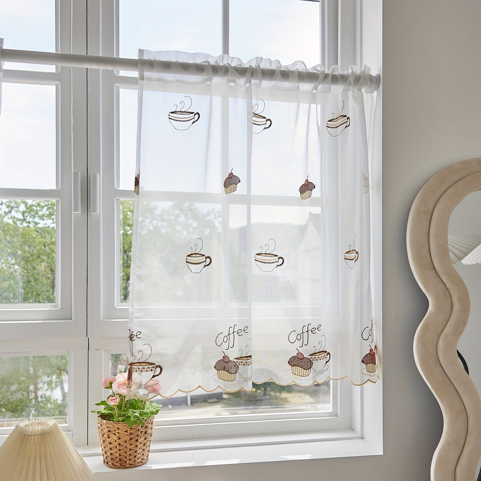 White Sheer Embroidered Cafe Curtain with Rod Pocket for Kitchen and Living Room