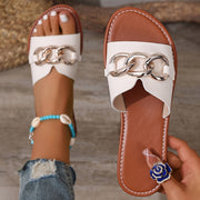 Women's White Slip-On Open-Toe Flat Sandals Casual Beach Shoes with Metallic Ring