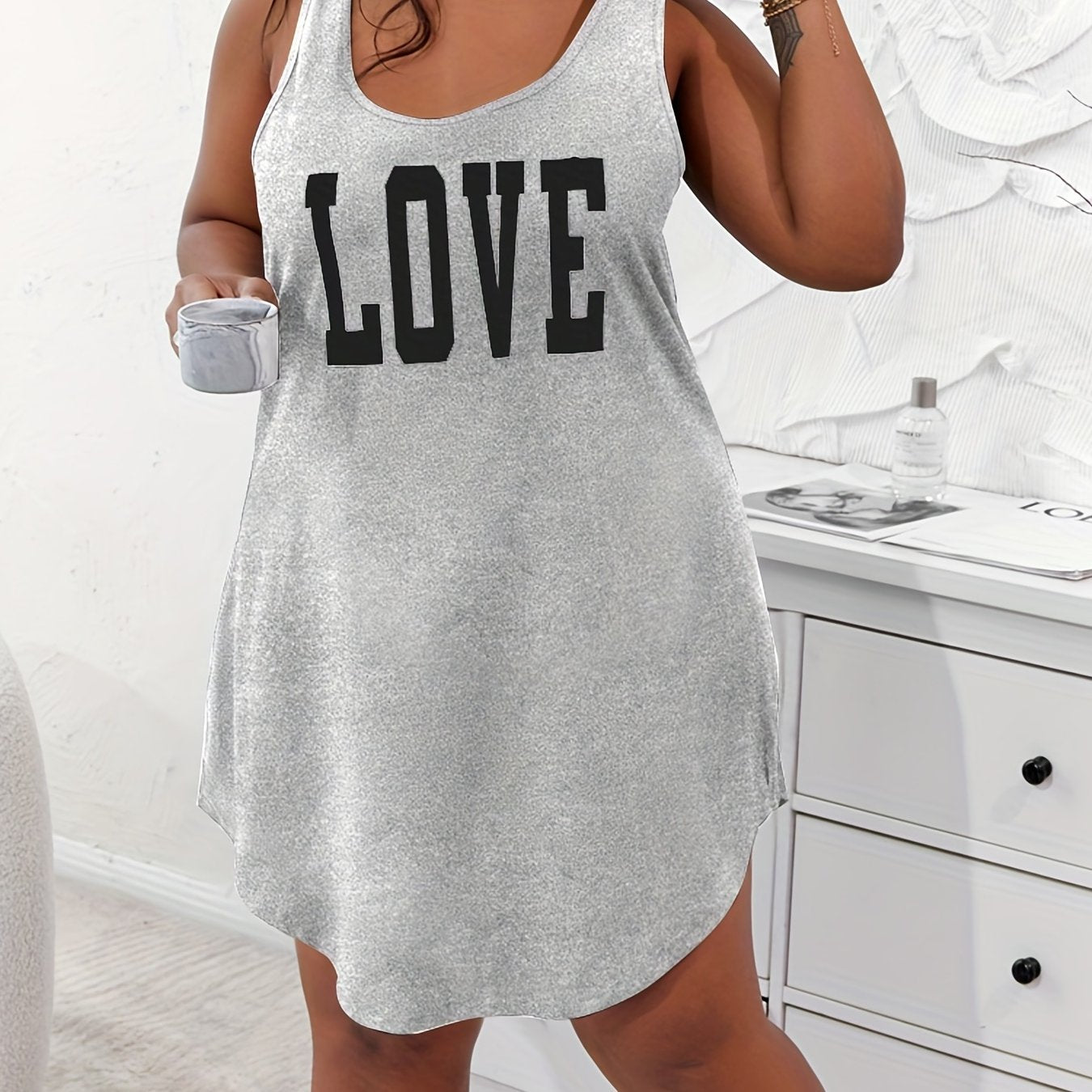 Women's Plus Size Light Blue Love Print Sleeveless Sleep Dress with Shoulder Cut-Outs