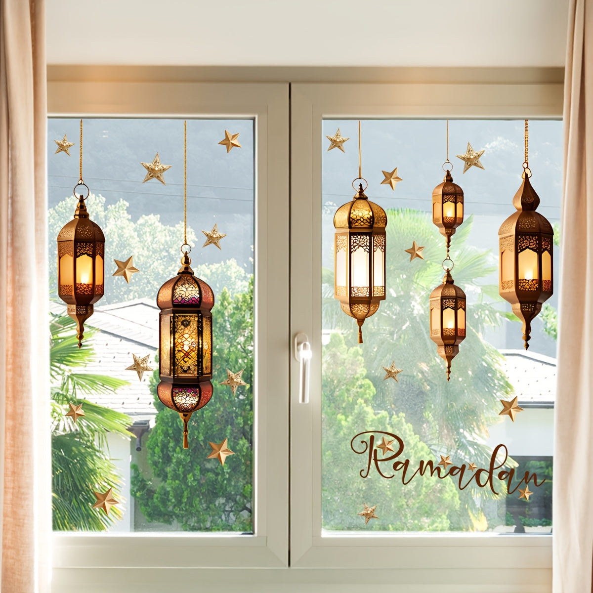 Ramadan Vintage Lantern Moon Stars Window Decal 30x30cm Reusable Glass Sticker