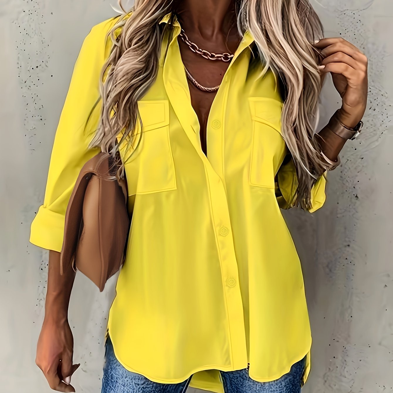 Plus Size Women's Chambray Short Sleeve Button-Up Shirt Casual Office Wear