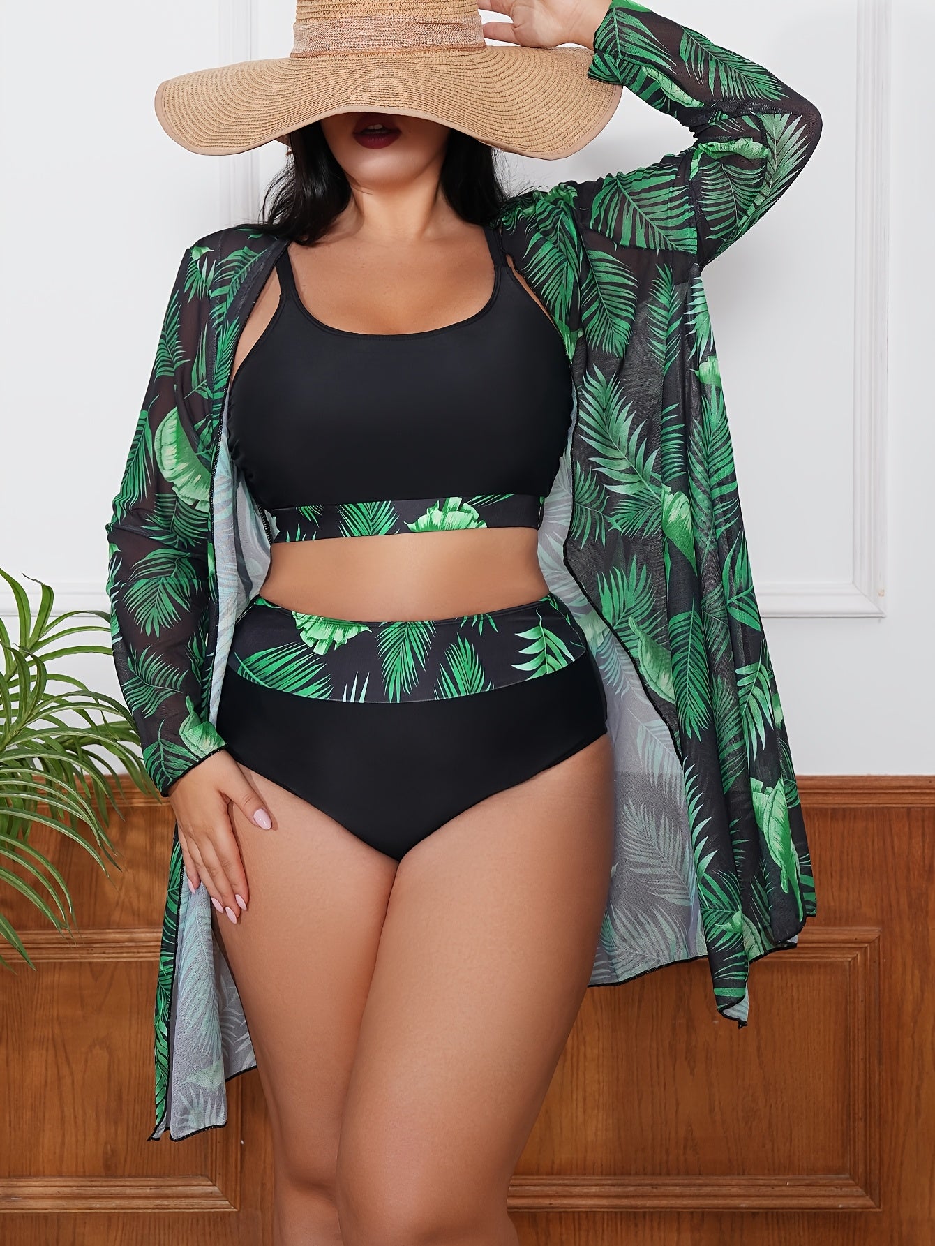 Plus Size Women's Tropical Print Long Sleeve Cover-Up with Color Block Detail
