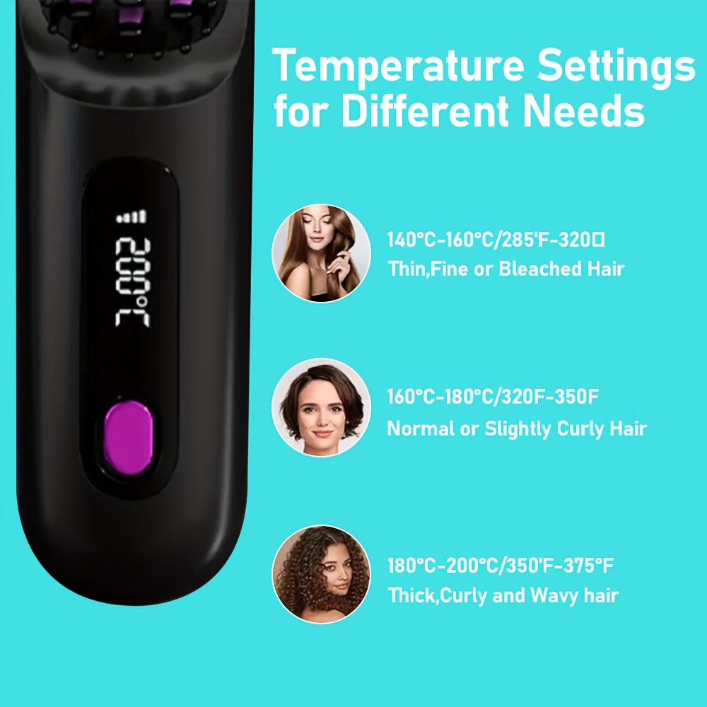 Portable straight hair brush with 3 temperature settings LED display USB charging 2000mAh lithium battery