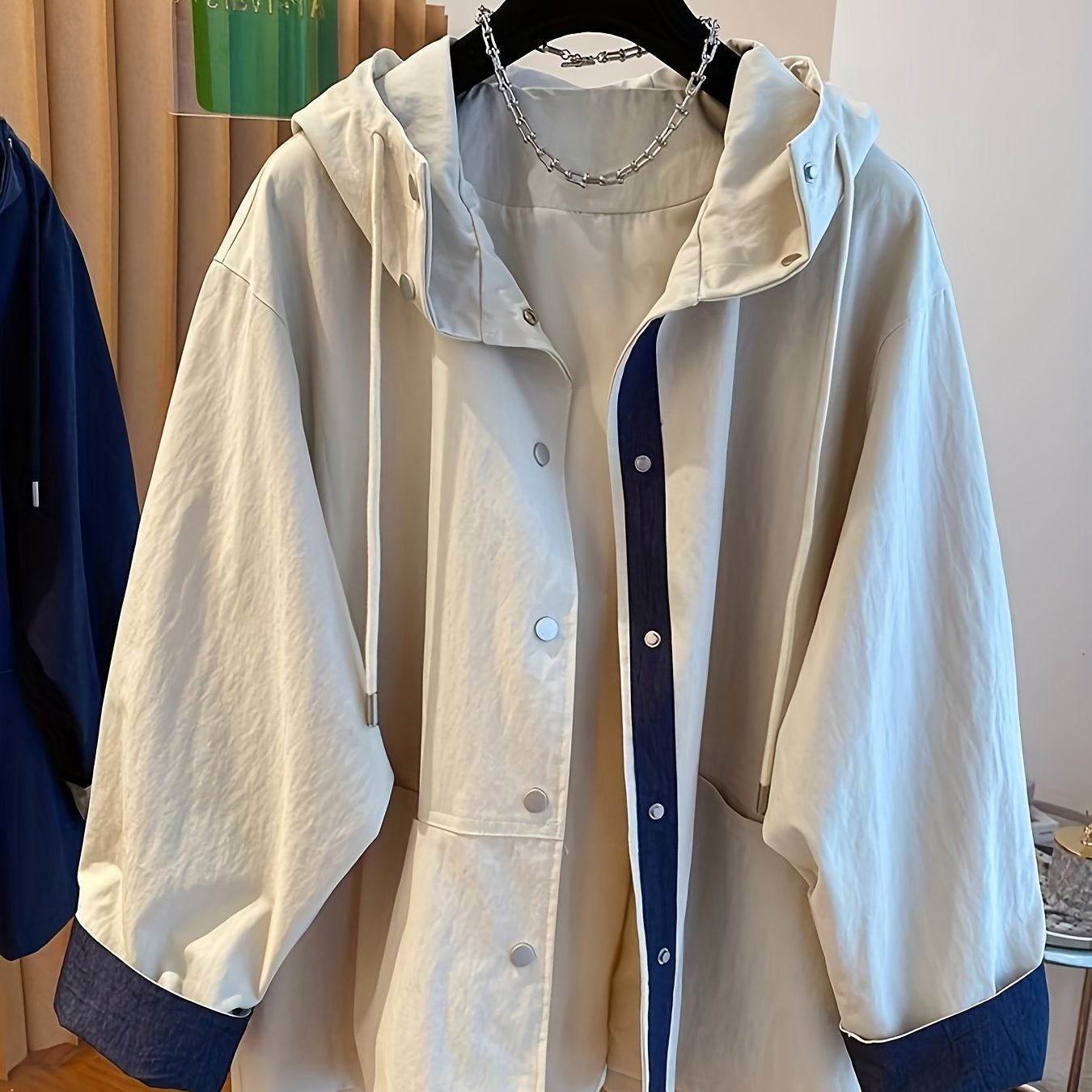 Women's Hooded Windbreaker Jacket Spring Fall Loose Fit Polyester Solid Color