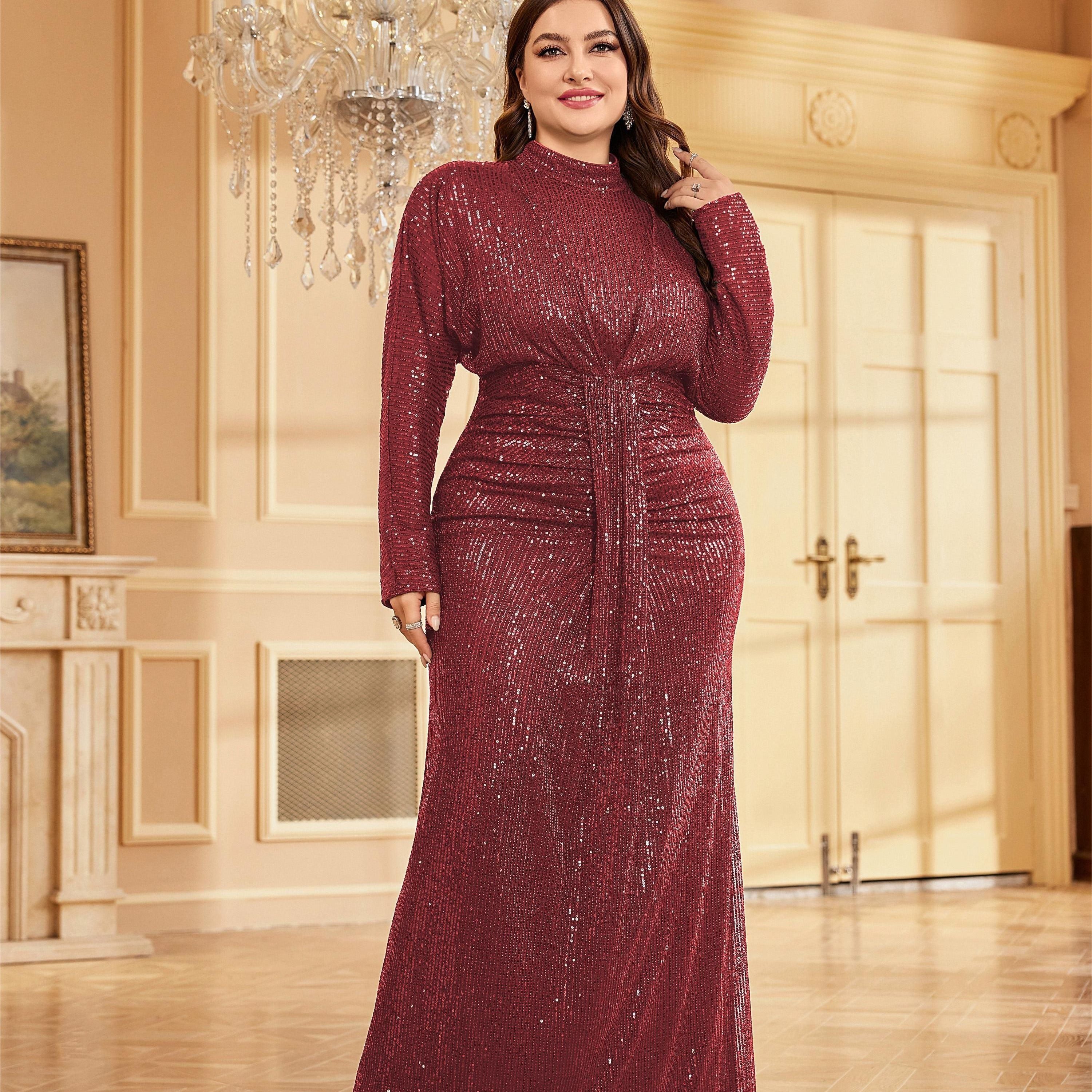 Women's Plus Size Sequined Cinched Waist Long Sleeve Dress for Party