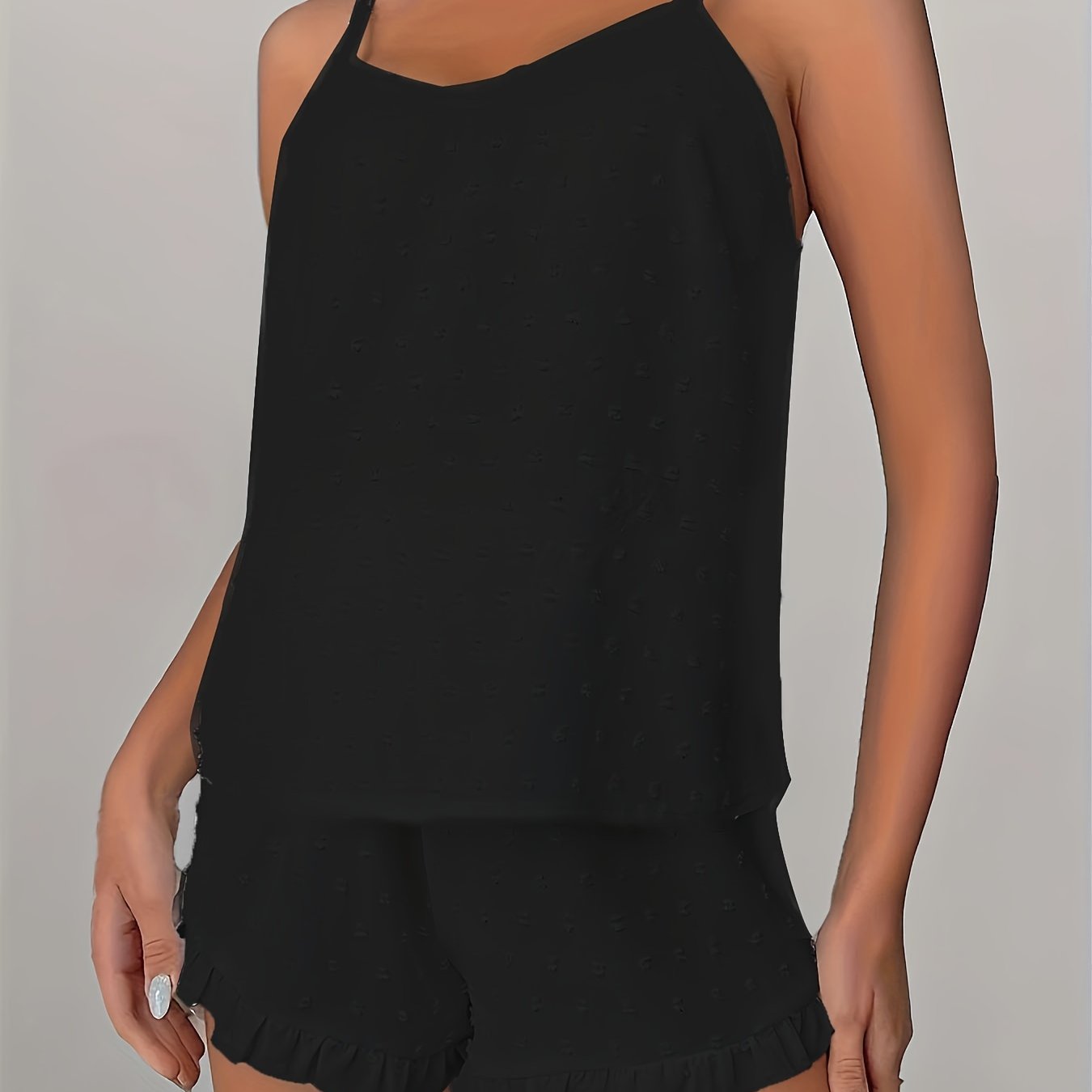 Women's Plus Size Lace Trim Cami Pajama Set Soft Polyester Solid Ruffled Sleepwear