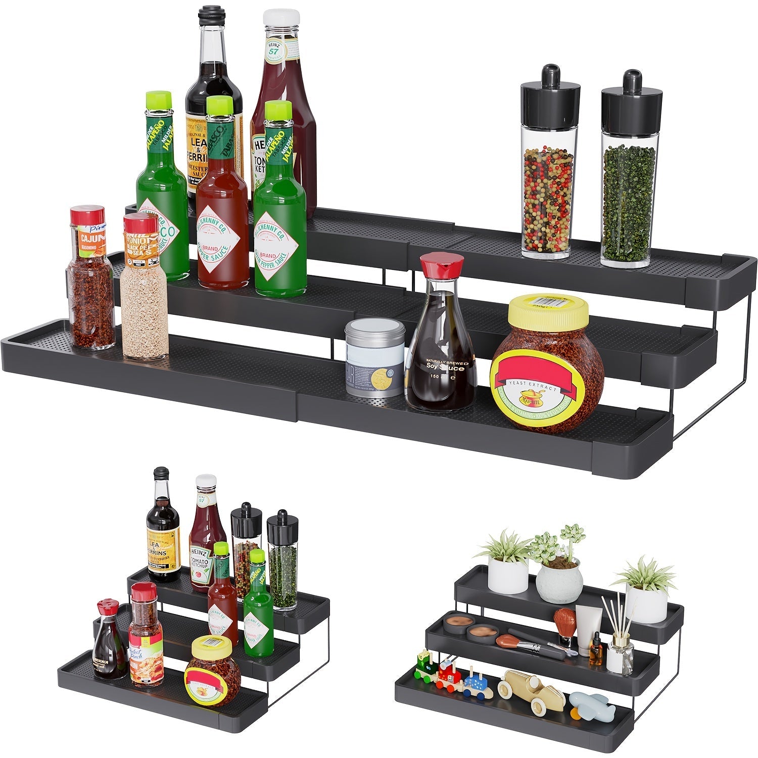 Expandable Spice Storage Organizer with Adjustable Tiers for Kitchen Cabinets and Pantry