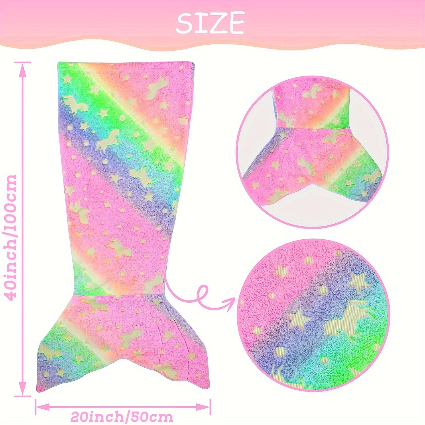 Kids Girls Rainbow Unicorn Mermaid Tail Blanket Flannel Glow-in-the-Dark Cozy