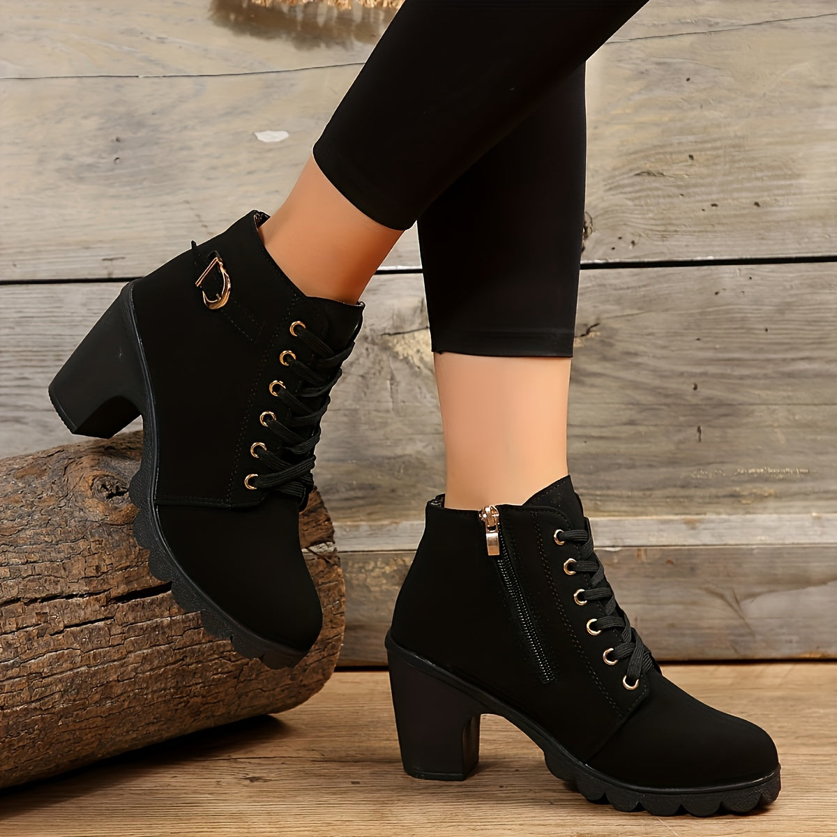 Women's Faux Leather Ankle Boots with Low Heel and Zipper