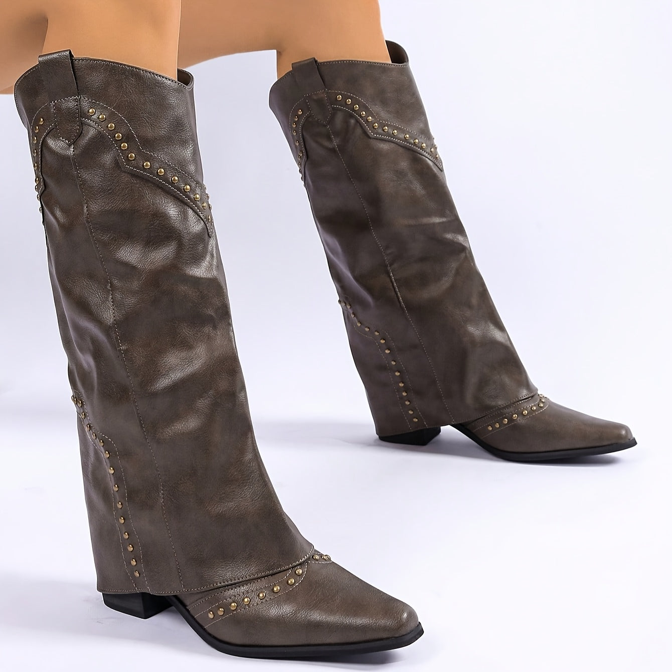 Women's Faux Leather Western Cowboy Boots Over-the-Knee Square Toe Chunky Heel